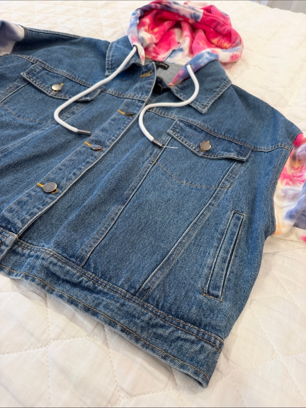 Aqua Denim Jacket with Pink, Blue & Yellow Tie-Dye Hooded Sleeves - Picture 4 of 5
